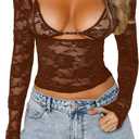 Womens Floral Lace Top Y2K Backless Crop Top Sexy Sheer See Through Shirt Slim Fit Going Out Tops