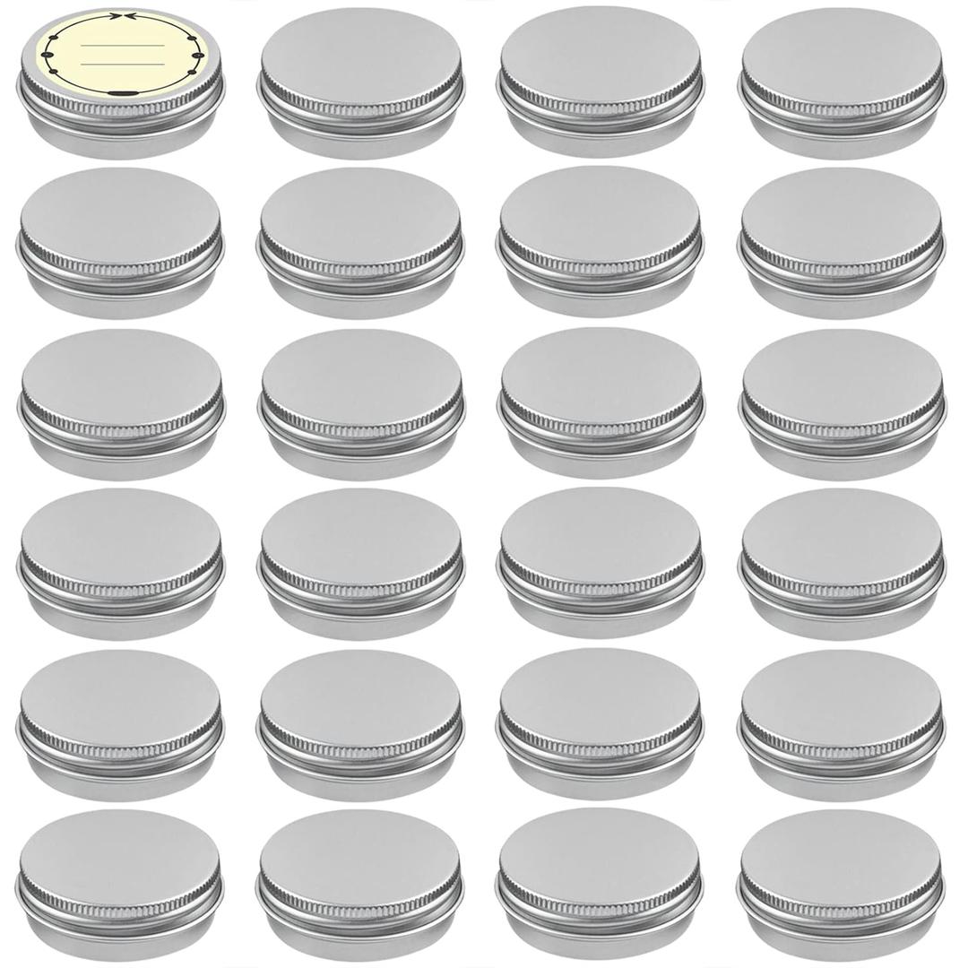 TUZAZO 24Pack 1/2 Oz Aluminum Tin Cans with Screw Lid and Labels, Refillable Travel Sized Cosmetic Containers Small Tins for Lip Balms, Salves, Lotion Bars, Candles