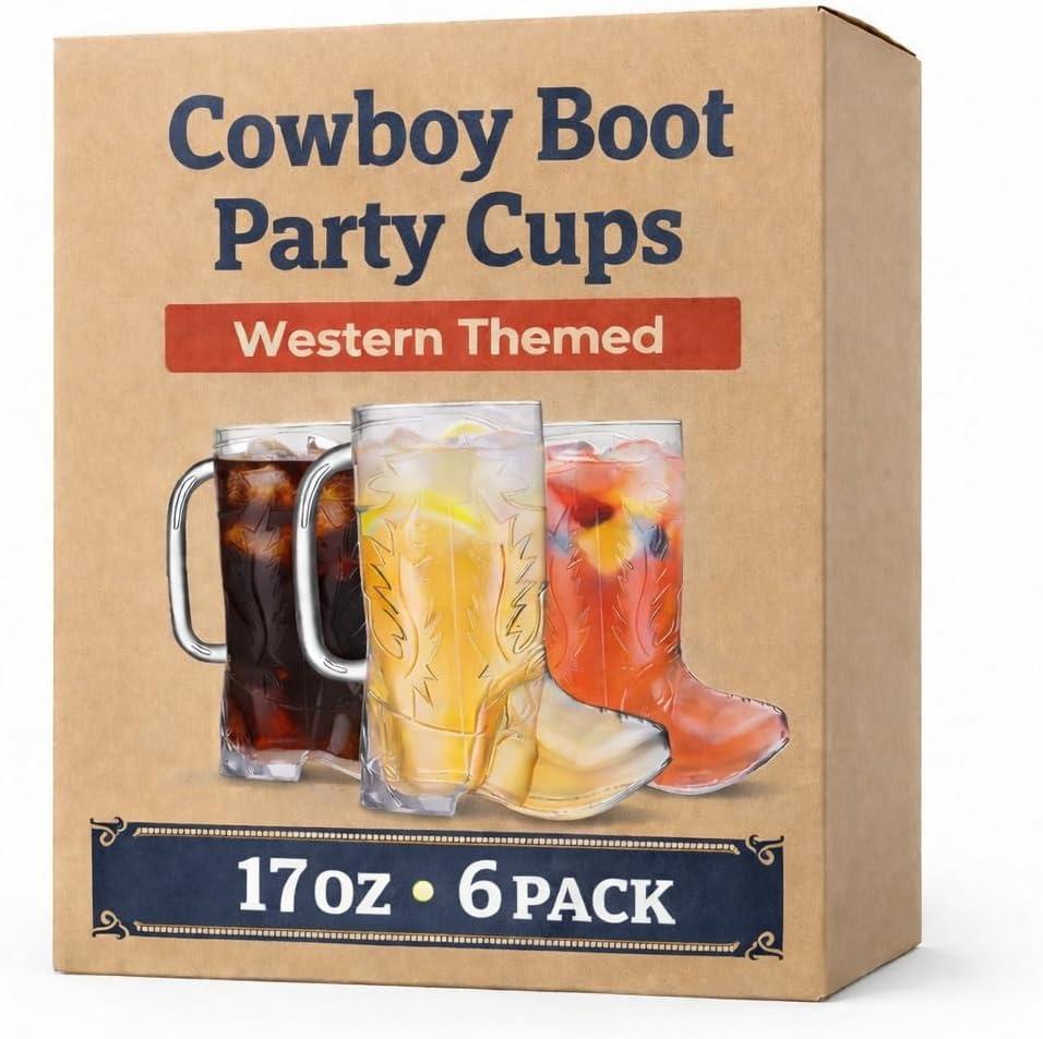JoyServe Cowboy Boot Cups - (Pack of 6) 17oz Cowboy and Cowgirl Drink Mugs, Reusable BPA-Free Plastic Mug with Handle for Western Themed Rodeo Birthday Party Decorations and Supplies
