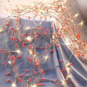 OVV Valentine's Day Decorations 13FT Pearl Garland String Lights 40LED Festive Lighted Berry Beaded Indoor Bedroom Decor Warm Lights for Wedding Party Battery Operated (Red)
