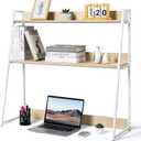 2-Tier Desktop Bookshelf & Hutch - Fits Over Large Monitors - Modern Desk Organizer with Metal Frame - Vertical Storage for Small Desks, Home Office, Dorm, Makeup Vanity (Blonde Wood/White)