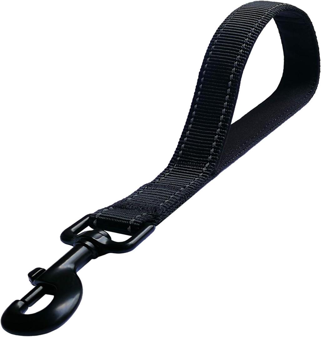 Short Nylon Dog Lead - Heavy Duty Padded Handle - Reflective Black, 12 Inch for Large & Medium Dogs