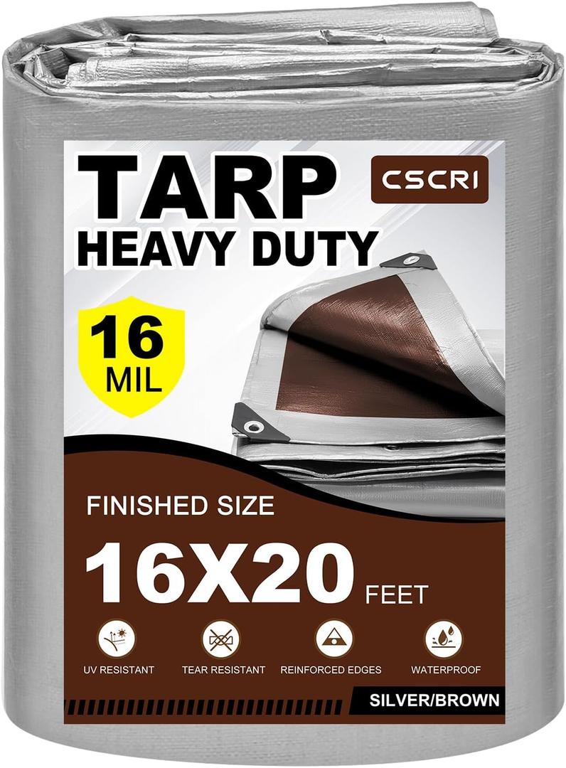 16Mil Tarps Heavy Duty Waterproof 16x20 Finished Size, Large Outdoor Multipurpose Protective Cover (Silver/Brown)