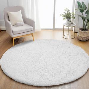 White Round Rug for Bedroom, 5x5 Fluffy Circle Area Rugs for Kids Room, Soft Shaggy Circular Carpet for Nursery Living Room, Non-Slip Home Decor Rug for Teen's Room