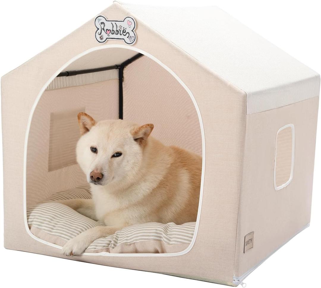 Jiupety Indoor Dog House with Frame, Cute Dog Tent Bed with Cover Cave, Breathable, Washable, and Foldable House, Suitable for 20-40 Lb, Large (25"×25"×25"), Beige