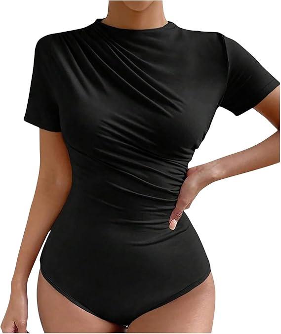 Women's Bodysuit Mock Neck Casual Ruched Short Sleeve Slim Fit Jumpsuit Ladies Elegant Leotard Tops Size L