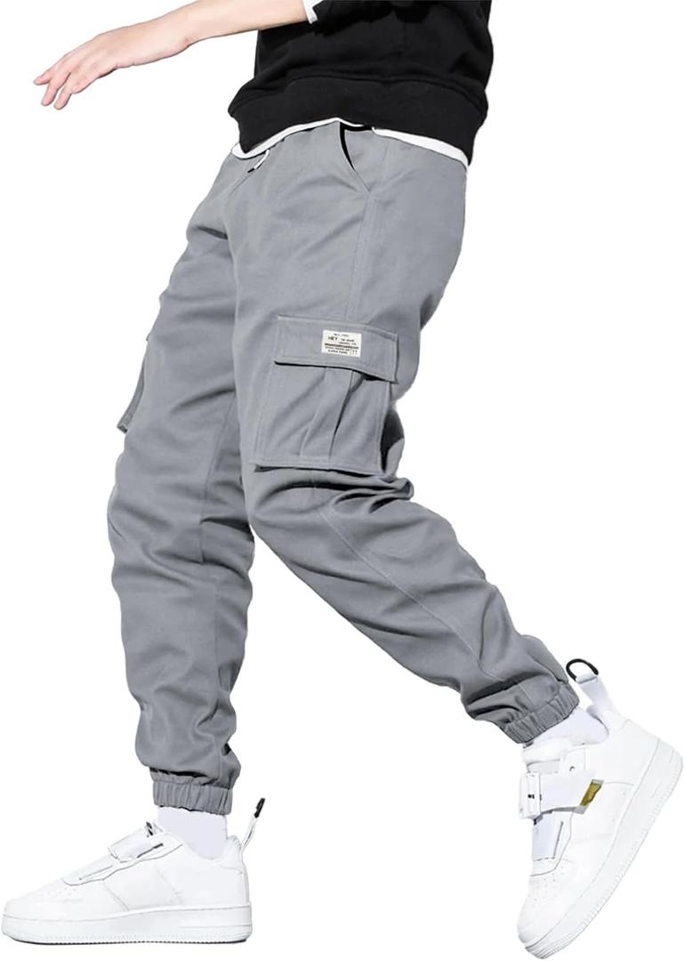 HOTake Men's Casual Cargo Pants Elastic Waist Drawstring Tapered Pants for Men Joggers Hiking Pants with Multi Pockets (Large, A1-medium Gray)