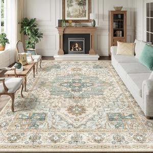 Washable Area Rug 8x10 - Soft Large Non Slip Rugs for Living Room Stain Resistant Vintage Carpet 8x10 Area Rugs for Bedroom Dining Room Decor (Green/Beige 8'x10')