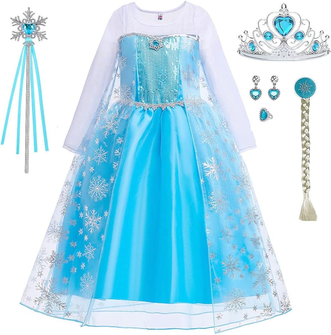 Little Girls Princess Costume Blue Cosplay Dress up for Halloween Party with Accessories Blue (7-8 Years)