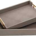2 Piece Woven Leather Ottoman Tray with Gold Handles, Perfect Rectangular Serving Tray for Living Room, Coffee Table Tray as Thoughtful Gift for Home Decor Enthusiasts (Coffee Brown)