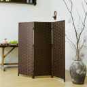 3 Panel Short Room Divider Screen - 3.95 ft Tall Double Sided Rattan Folding Privacy Screen, Dark Brown Freestanding Partition for Home Office
