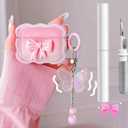2 x Cute AirPods 4 Clear Case, Pink 3D Bow Design Soft TPU Airpod Protective Shockproof Kawaii Apple iPod 4th Generation Cover with Cleaner Kit & Keychain for Girls Women