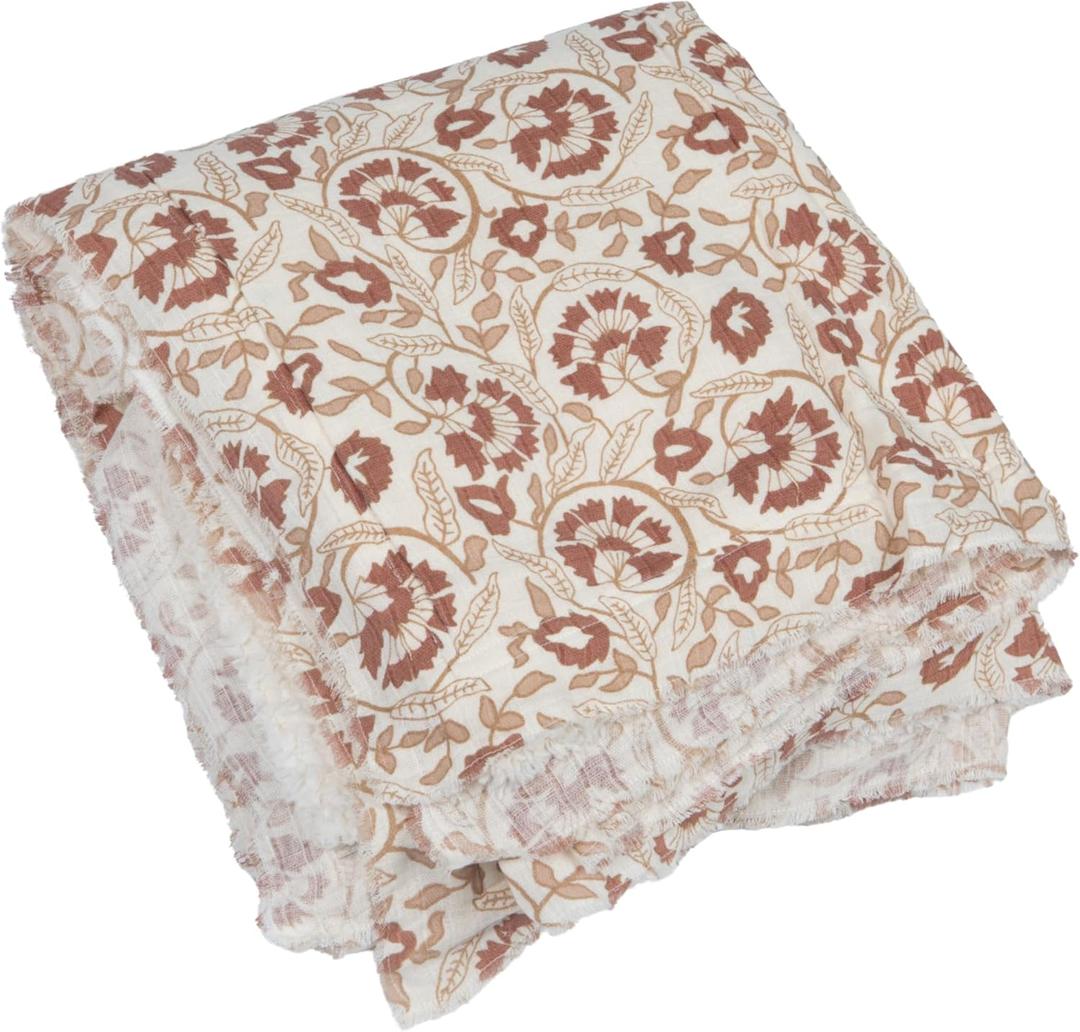 Creative Co-Op Woven Cotton and Sherpa Throw Blanket, Natural, Tan and Rose