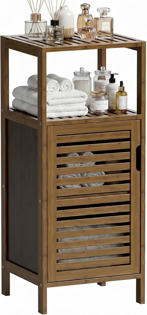 HITNET Bathroom Cabinet, Bamboo Floor Cabinet Free Standing, 4 Tier Sofa Side Storage Cupboard for Living Room Kitchen Entryway, Walnut, Small