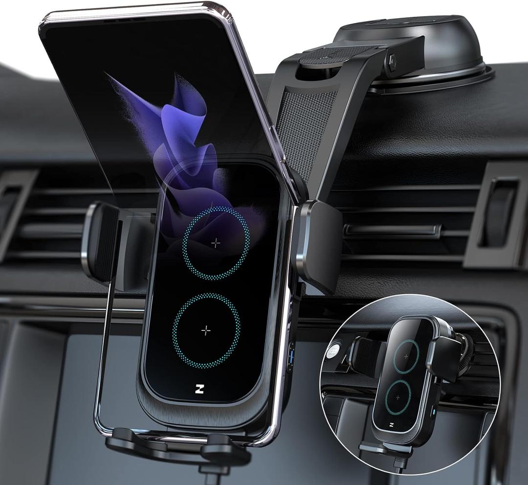 Wireless Car Charger, ZEEHOO DUOXX Dual Coils 15W Fast Charging Auto-Clamping Car Mount, Dash& Vent Wireless Car Phone Charger Holder for iPhone 15 14 13 12, Samsung Z Flip 4 3, S23+, etc