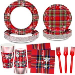DYLIVeS Tartan Plaid with Snowflake Party Supplies, Tartan Plaid Decorations Disposable Dinnerware Set, Red and Green Plaid 9.2" Dinner Plates, 7" Dessert Plates, Napkins Cups Forks, Serves 24