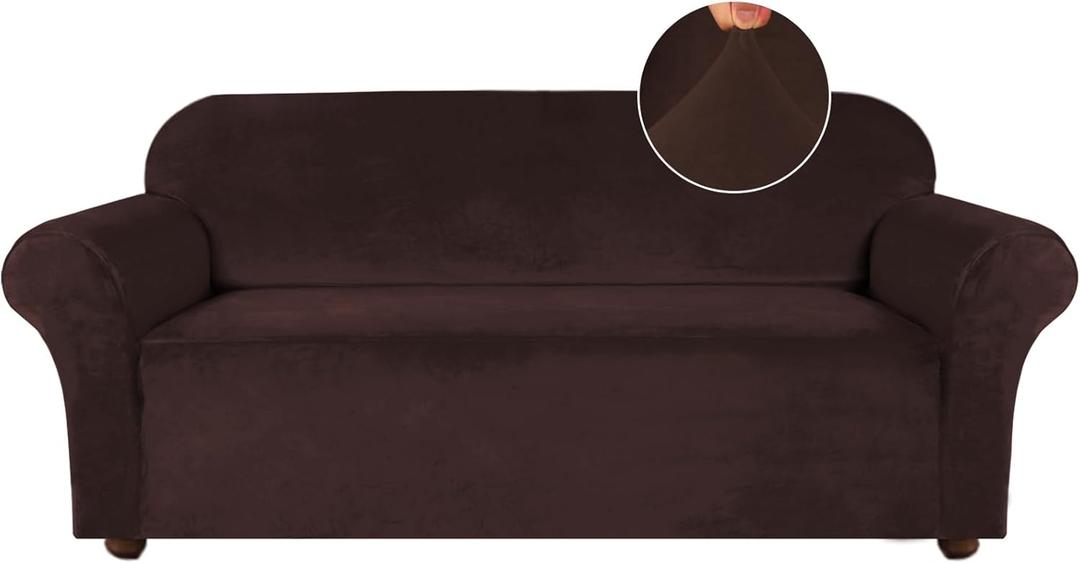 Turquoize Velvet Couch Covers Sofa Covers for 3 Cushion Couch Stretch Sofa Slipcovers with Non Slip Elastic Bottom Furniture Protector for Pets Crafted from Soft Thick Velvet Fabric (Sofa, Brown)