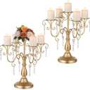 Sziqiqi Gold Candelabra Candle Holder - 5 Arm Pillar Candle Holders with Crystal Beads for Christmas Table Centerpiece Halloween Wedding Candleholders Decoration Set of 2
