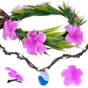 Hawaiian Flower Crown Accessories Set - 4 Pcs Pink Tropical Floral Headband Plumeria Hair Clips and Bohemia Shell Necklace for Women Girls Summer Beach Pool Hula Outfits Decorations Supplies
