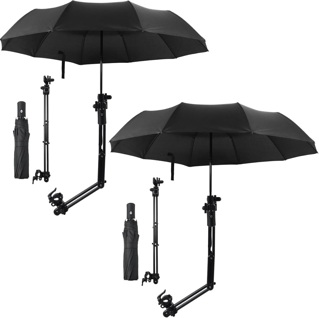 2 Pcs Beach Umbrella with Adjustable Universal Clamp Upf 50+ Automatic Open and Close Windproof Travel Portable Golf Umbrella for Beach Chair, Stroller, Fishing (Black)