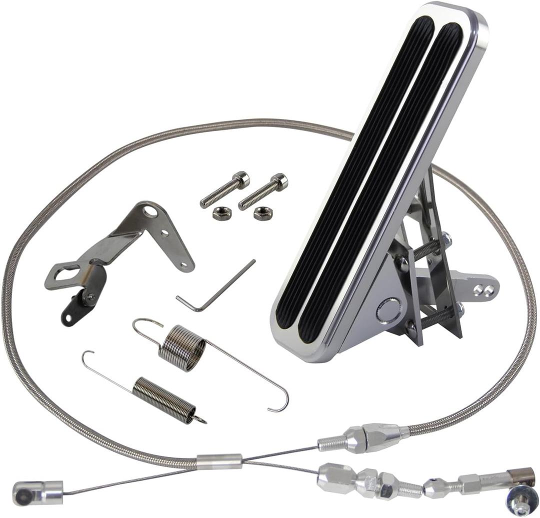Billet Floor Mount Aluminum Gas Pedal and 36" Stainless Steel Throttle Cable with Bracket Spring Set Hot Rod for Chevy Ford Silver