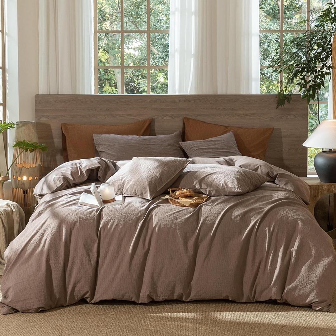 MooMee Wavy Striped Duvet Cover Set 100% Washed Cotton Linen Like Textured Breathable Durable Soft Comfy (Brown, King 104"x90") (Wavy Stripes - Brown (No Comforter))