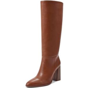 wetkiss Knee High Boots Women Slip On/Zipper Boots for Work Date Dress Party Club Shoes (8.5, Brown - Pull on)