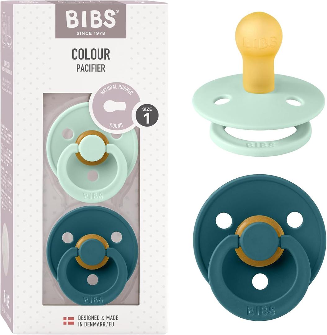 Bibs Pacifiers Color Collection, Set of 2 BPA-Free Latex Pacifiers Made in Europe, Round Nipple Baby Pacifier. (6+ Month (Pack of 2), Nordic Mint / Forest Lake)