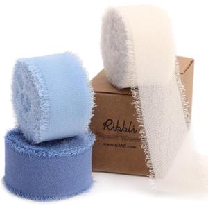 Ribbli Blue Ribbon 1 Inch x 3 Rolls Total 24 Yards Cream/Blue/Dusty Blue Handmade Fringe Chiffon Silk Ribbon for Wrapping Wedding Invitations Bridal Bouquets DIY Crafts Home Decor