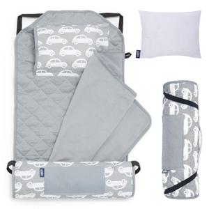 Wildkin Modern Kids Nap Mat – Soft Cotton Blend with Pillow & Elastic Straps for School & Travel - Cars