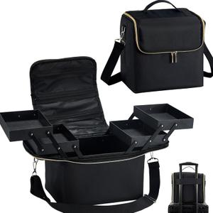 Large Travel Makeup Train Case, Big Makeup Bag Organizer Makeup Box,4 Tier Professional Cosmetic Storage Cases for Nail Tech Tattoo Storage Bag for Equipment and Supplies with luggage Sleeve