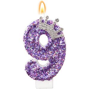Purple Crown Birthday Candle, Glitter Number 9 Cake Topper With Sequins for Anniversary Celebrations Supplies