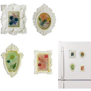 4-Pack Vintage Fridge Magnets Frame 3D Epoxy Flowers, Handmade Resin Magnetic Picture Frame Decor (White)