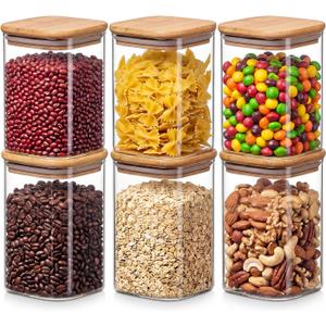 6-Pack 1.2Qt Square Glass Storage Jars with Bamboo Lids, Pantry Storage Containers for Neat Organization, Ideal for Minimalist Kitchen Organizer, Nut, Coffee Beans, Oats, Cookie, Candy, Flour