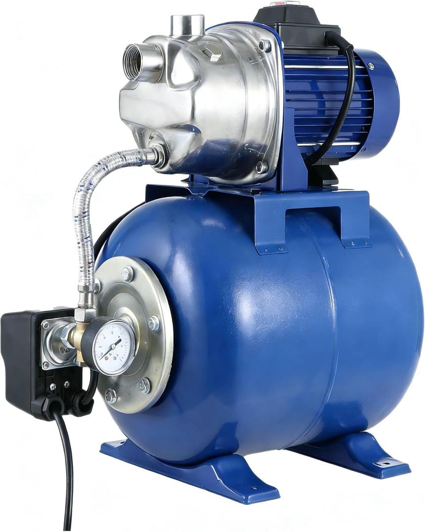 1.6HP Stainless Steel Shallow Well Pump with Pressure Tank - Up to 1320 GPH, 115V, 164FT, Automatic Water Booster Jet Pump for Home, Farm, Garden, Yard (Blue)