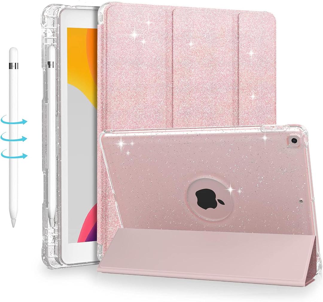 Case for iPad 9th/8th Generation (10.2 Inch, 2021/2020 Model) - Slim Folio Smart Glitter Sparkly Shiny Clear Shockproof Protective Cover (1-Rose Gold)