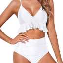 Tempt Me Women Two Piece Swimsuits High Waisted Bikini Set Ruffle Flounce Tummy Control Bottoms Bathing Suit (Small, White)