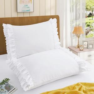 RUDONG M Ruffled Pillow Cases Set of 2, King Microfiber Pillowcases, Decorative Ruffle Pillow Covers with Envelope Closure, 20x36 Inches White Boho Pillow Shams