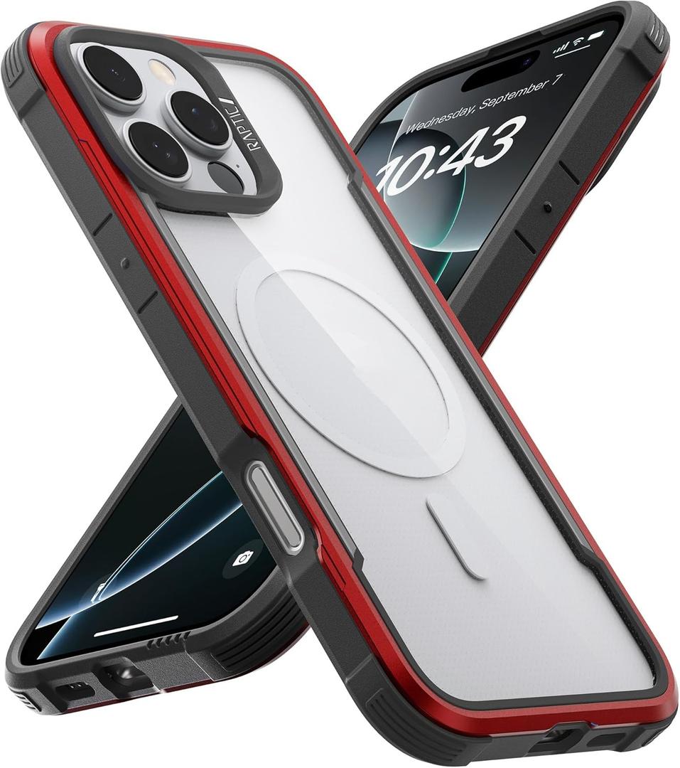 RAPTIC Shield Magnetic for iPhone 16 Pro Case, Compatible with MagSafe, [for 2024 Capture Button Shockproof Clear Case], Military Grade 13FT Drop Tested, Durable Aluminum Frame, 6.3 inch, Red