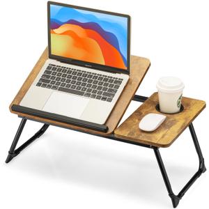 FISYOD Foldable Laptop Desk for Bed Couch, Adjustable Split Lap Desk with Cup Holder, Portable Lightweight Bed Table Tray, Heavy-Duty Laptop Stand for Working, Writing, Reading and Eating - Brown