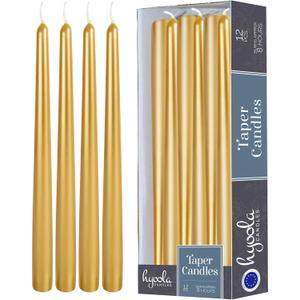 Hyoola Tall Taper Candles - 10 Inch Metallic Gold Dripless, Unscented Dinner Candle - Paraffin Wax with Cotton Wicks - 8 Hour Burn Time (Pack of 12)