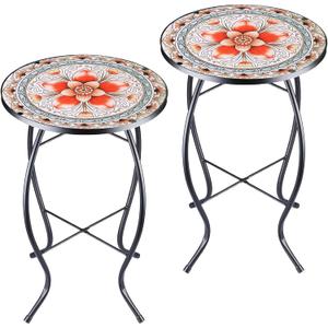 Arbuxzuy 2PCS 12 Inch Small Outdoor Side Table with Pink Flower, Glass Mosaic Patio Table Indoor, Round Plant Coffee Table for Living Room, Balcony, Garden