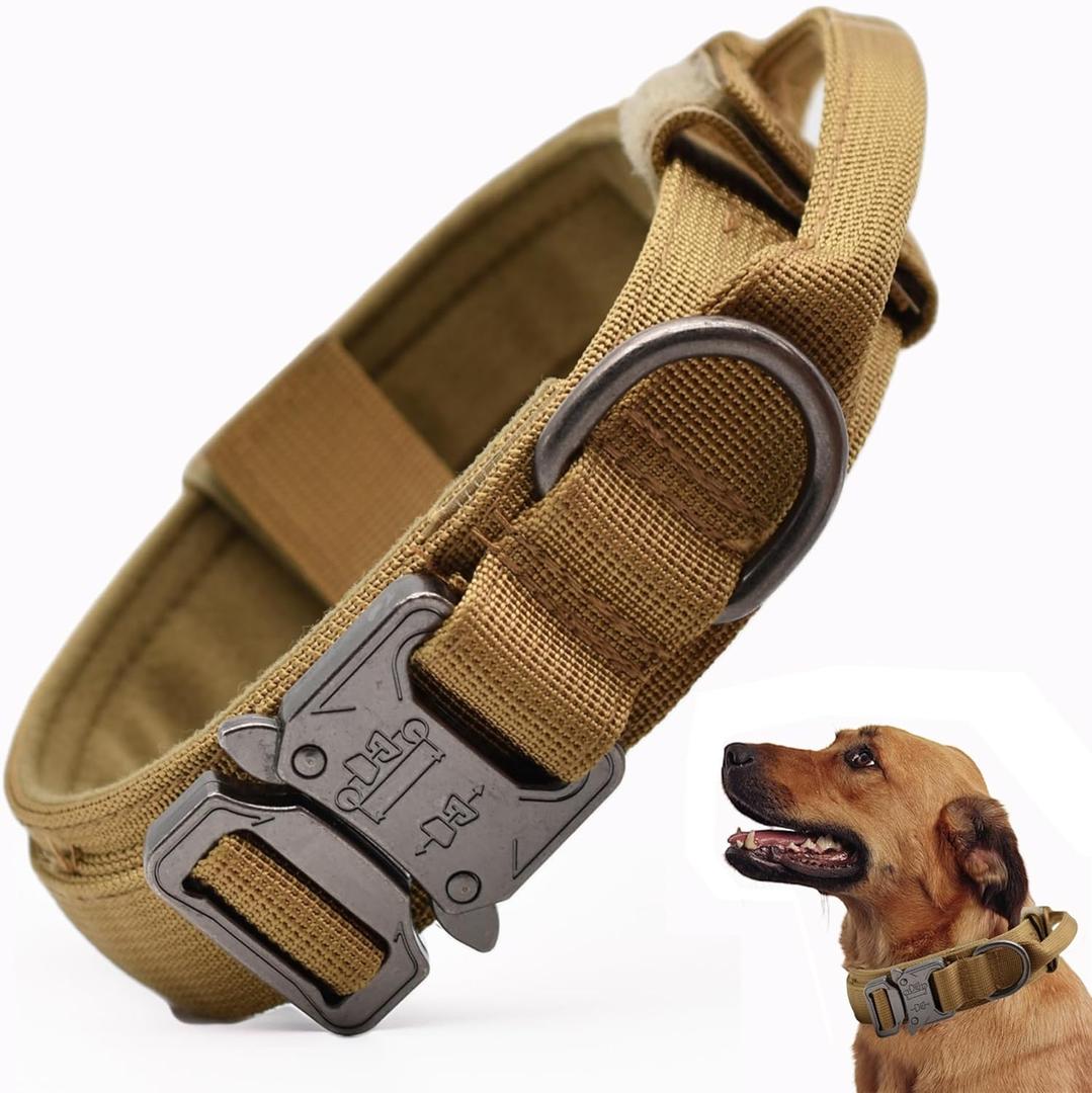 Tactical Dog Collar, Adjustable Military Training Nylon Dog Collar with Control Handle and Heavy Quick-Release Metal Buckle for Large Dogs, Brown L (Large :Width 1.5",Neck 17-20.5")