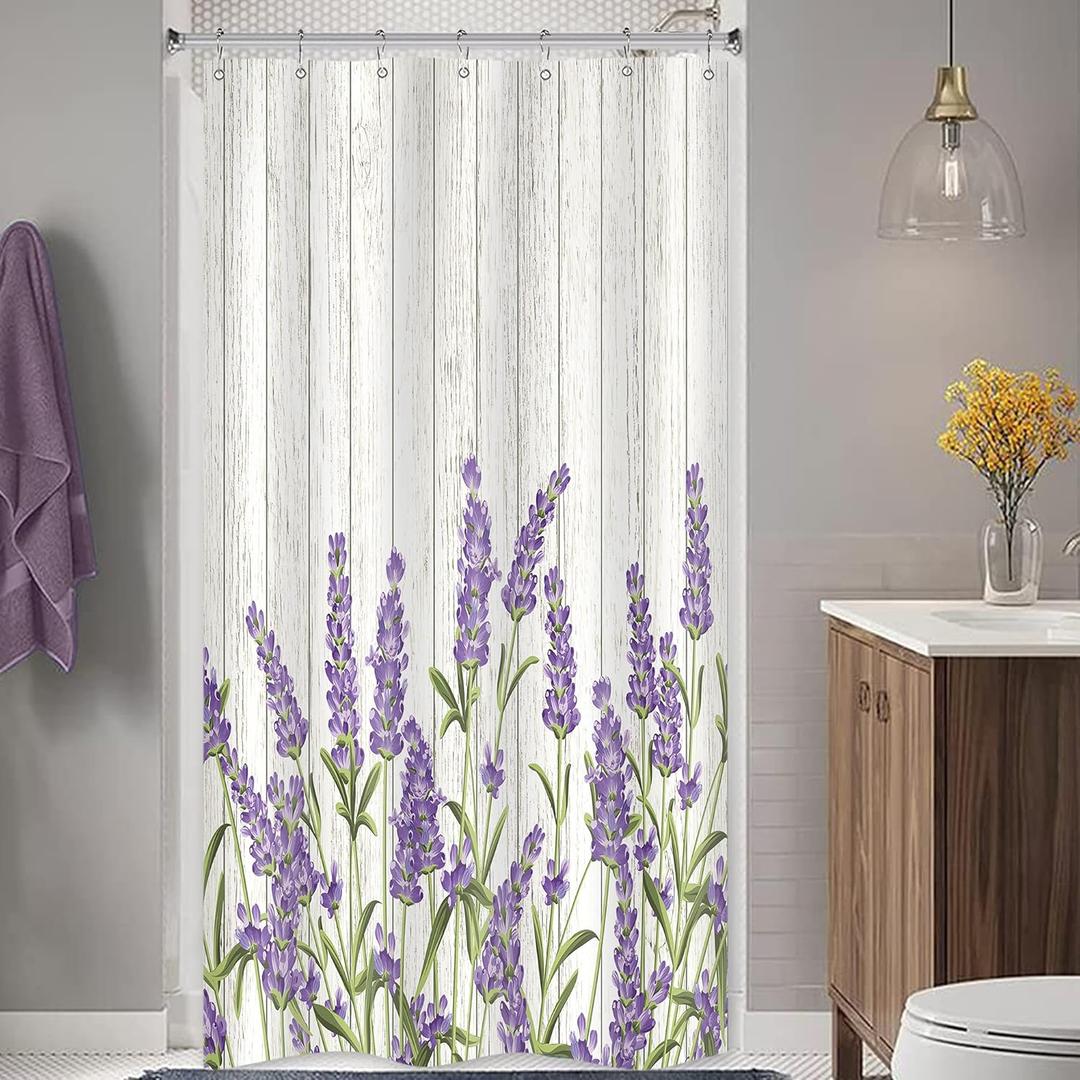 Riyidecor Small Stall Purple Lavender Shower Curtain 36Wx72H Inch RV Single Rustic Wooden Plank Plant Board Flowers Floral Herbs Leaves Fabric Polyester Waterproof Fabric 7 Pack Plastic Hooks RY-JWXH