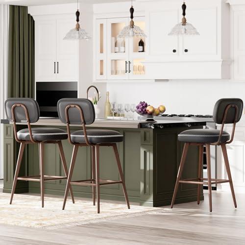 MALOL Swivel Bar Stools Set of 3, Mid Century PU Leather Counter Height Bar Chairs with Low Back and Metal Legs, Modern Bar Stool Chair for Kitchen Island, Black