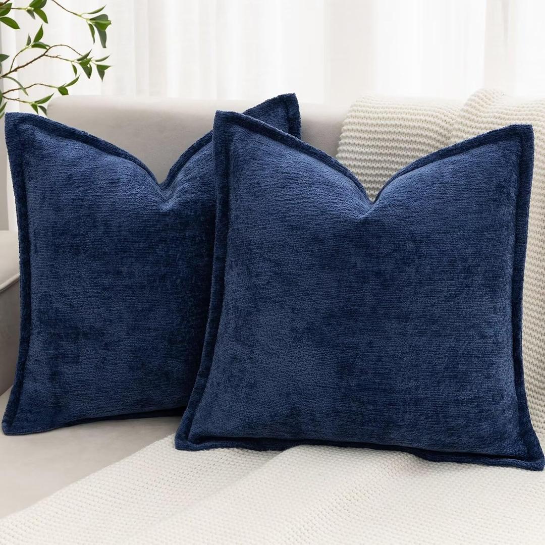 Navy Blue Decorative Throw Pillow Covers 20x20 Inch Set of 2 Cozy Soild Chenille Cushion Cases Soft Textured Square Couch Pillows Cover Boho Accent Farmhouse Pillowcases for Sofa Bed