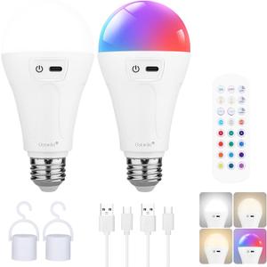2 Pack 5200mAh Rechargeable Light Bulbs with Remote E26 Battery Operated Light Bulb for Lamps and Sconces,Dimmable Wireless Emergency Light Bulbs with Hook,3 Color Temperatures & 12 RGB Color Changing