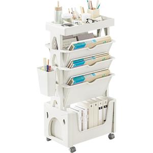 5-Tier Rolling Bookshelf Cart, Unique Mobile Bookshelf with Wheels, Movable Bookcase Organizerr, Slim Storage Book Cart for Living Room Classroom Office Kitchen, Easy Assemble, White