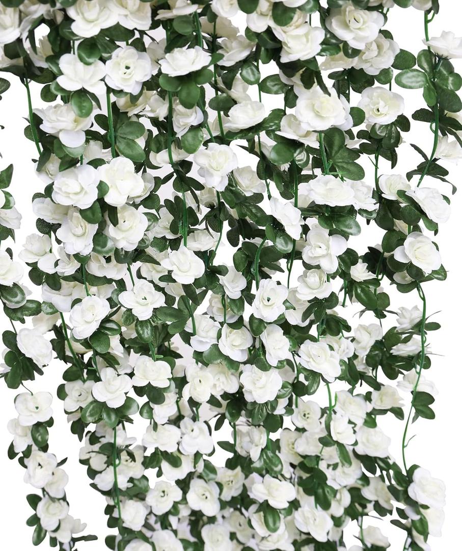 8pcs 65.6Ft Flower Garland,PARTY JOY Fake Rose Vine Artificial Flowers Hanging Rose Ivy Garland for Room Wall Decor Hanging Baskets Wedding Arch Garden Background Decor (White-8PCS)