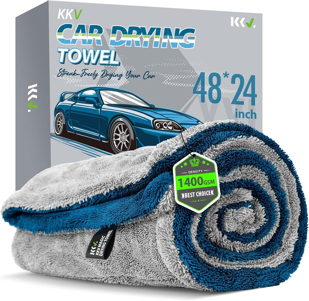 KKV Full-Sized SUV Drying Towel, 48x24 Dual Sided Microfiber Car Cleaning Towel with Twisting Yarn Technique, 1400GSM Super Absorbent, Scratch-Free, Machine Washable (LightGrey-MarineBlue)